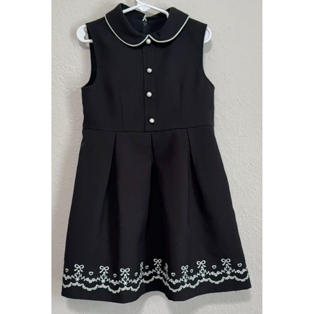 My Classics Motherways Black Dress Size 6-7 Embroidered Pleated Pearl